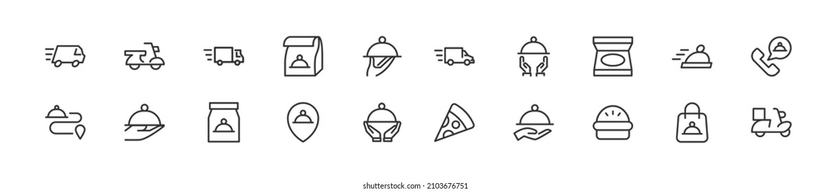 Set of simple food delivery line icons. Outline stroke object. Linear signs pack. Perfect for web apps and mobile.