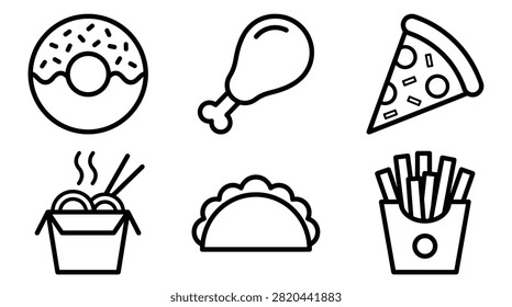Set of simple food icons featuring donut chicken pizza noodle taco and fries for menu design