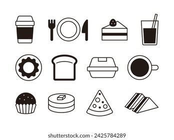 Un conjunto de iconos de comida simple para restaurantes, cafés, panaderías, comida rápida, postres, etc. Café, tenedor, cuchillo, jugo, embalaje, panqueques, sándwiches, pasteles, cupcakes, pan, donuts, pizza, bebidas.