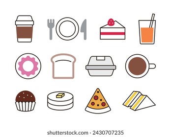 Un conjunto de iconos de comida simple para restaurantes, cafés, panaderías, comida rápida, postres, etc. Café, tenedor, cuchillo, jugo, embalaje, panqueques, sándwiches, pasteles, cupcakes, pan, donuts, pizza, bebidas.