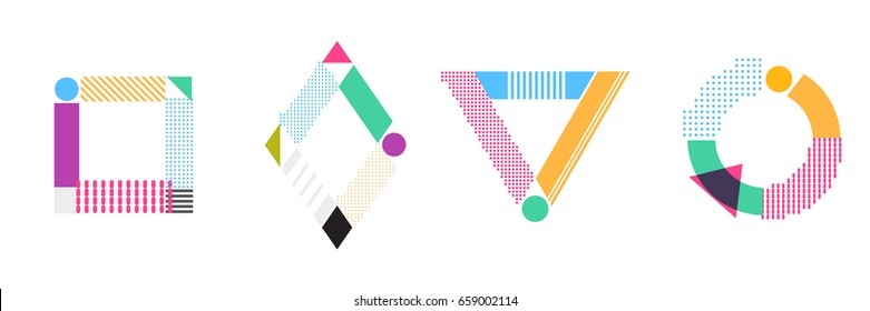 Set of simple form, frames or border in geometric abstract pop art style. Modern trendy background shapes for design banner, poster, cover, flyer, brochure, card. Vector illustration.