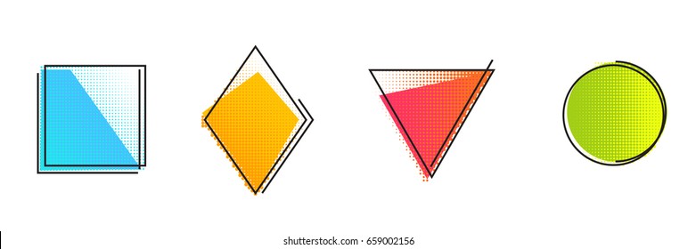 Set of simple form, frames or border in geometric abstract pop art style. Modern trendy background shapes for design banner, poster, cover, flyer, brochure, card. Vector illustration.