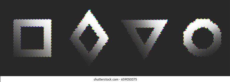 Set of simple form, frames or border in halftone geometric abstract style. Modern trendy background shapes for design banner, poster, cover, flyer, brochure, card. Vector illustration.