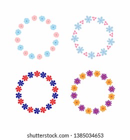 Set of simple frames of abstract flowers. Four color isolated floral borders for design. Vector illustration.