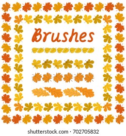 Set of simple frames from autumn leaves on white background. Brushes included. Vector illustration