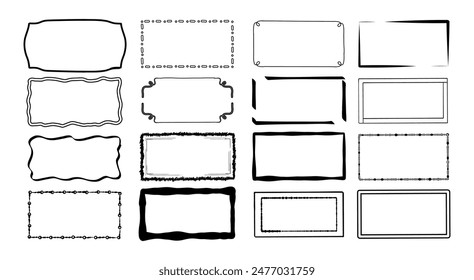 Set of simple frames doodle vector different style. Curve borders pencil effect grunge line, Isolated on white background. 