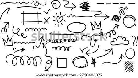 A set of simple, freehand illustrations including arrows, lines, shapes, and abstract designs