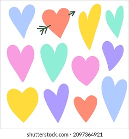 Set of simple freehand pastel doodle heart shapes. Hand drawn vector design elements. 
