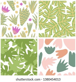 Set of simple freehand tropical green leaves seamless pattern. Exotic plant texture. Summer design for fabric, textile print, wrapping paper, textile