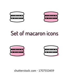 Set of simple french macaron icons with black outline on white background. Four icons: contour only, pink fill, offset fill and white fill with pink shadow. Perfect for sweet shops, cafes, pattiseries