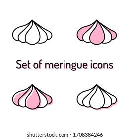 Set of simple french meringue icons with black outline on white background. Four icons: contour only, pink fill, offset fill and white fill with pink shadow. Perfect for sweet shop, cafe, pattiserie