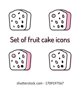 Set of simple fruit cake icons with black outline on white background. Four icons: contour only, pink fill, offset fill and white fill with pink shadow. Perfect for sweet shops, cafes, pattiseries