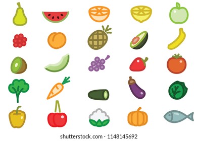 Set of Simple Fruits Vegetables and Fish