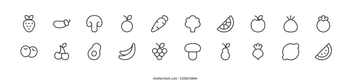 Set von einfachen Obst- und Gemüsesymbole. Strich-Objekt in Umrissen. Paket mit linearen Schildern. Perfekt für Web-Apps und mobile Anwendungen.
