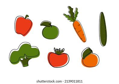 A set of simple fruits and vegetables. Vector illustration of broccoli, cucumber, tomato, carrot, apple and paprika.