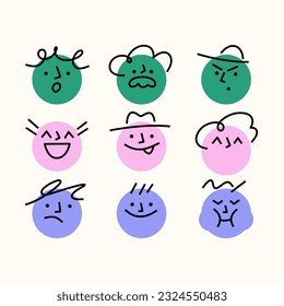 Set of simple and funny characters with various face emotions. Abstract social media highlight stories. Cartoon style icons. Set of vector emoticons. Hand drawn trendy Vector illustration.