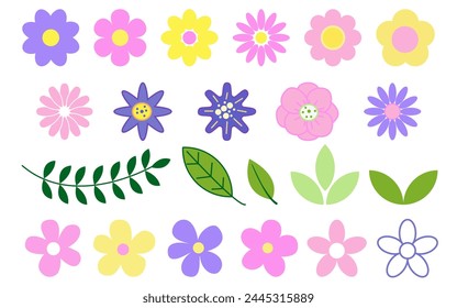 Set of simple funny flowers and leaves isolated on a white background. Seventeen pink, lilac and yellow flowers. Design templates, hand-drawn elements.