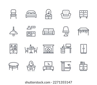 Set of Simple Furniture Related Icons. Bed, armchair, kitchen, dining table, light fixture, fireplace and bathroom. Design elements for app. Cartoon linear vector collection isolated on white