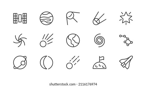 Set of simple galaxy  line icons. Outline stroke object. Linear signs pack. Perfect for web apps and mobile.