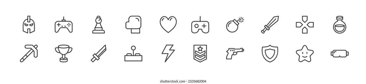 Set of simple gaming line icons. Outline stroke object. Linear signs pack. Perfect for web apps and mobile.