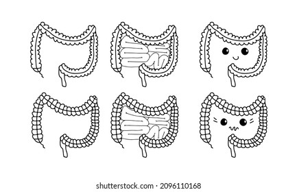 Conjunto de simples ilustraciones gastrointestinales del sistema intestinal interno. Concepto intestinal saludable. Partes del cuerpo humano en el vector