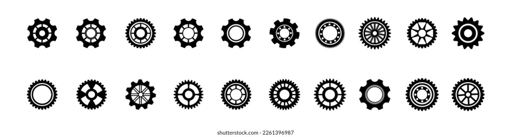 Juego de iconos simples de engranajes.Las ruedas de engranajes alinean iconos negros .Mando de la máquina CogWheel.