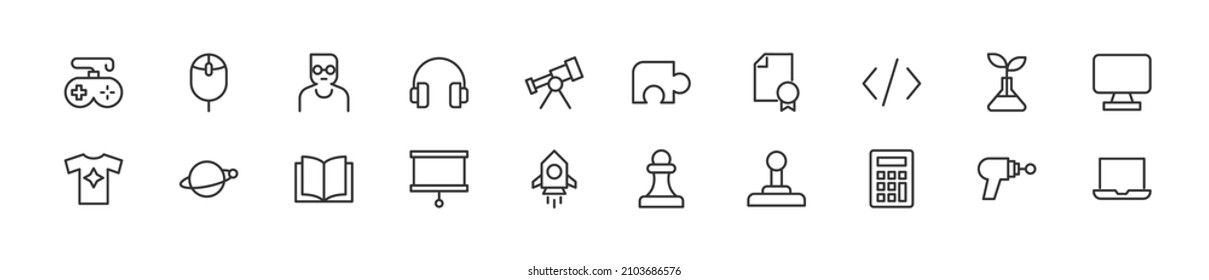 Set of simple geek line icons. Outline stroke object. Linear signs pack. Perfect for web apps and mobile.