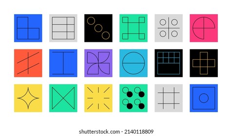 set of simple geometric abstract thin line icons in a minimalist square shape design.