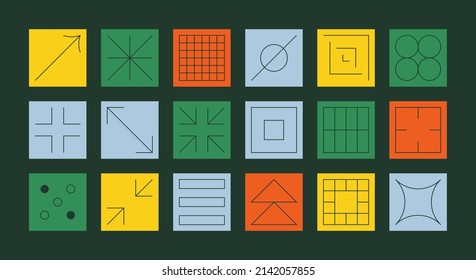 set of simple geometric abstract thin line icons in a minimalist square shape design.