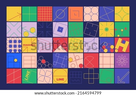Set of simple geometric abstract thin line icons in a minimalist square shape design. Vector illustration