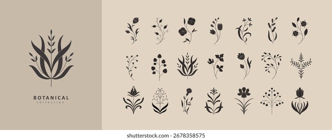 Conjunto de ramos geométricos simples e flores. Silhueta botânica, elementos ondulados e boho. Folhas e ramificações são impressas para o logotipo ou para a embalagem e o cartão de mensagem