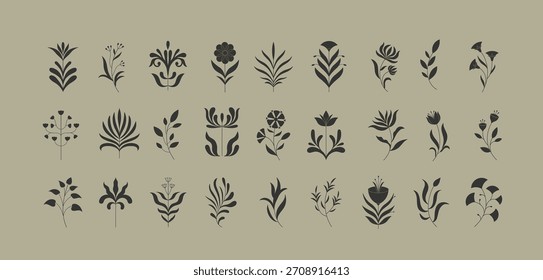 Conjunto de ramos geométricos simples e flores. Silhueta botânica, elementos ondulados e boho. Folhas e ramificações são impressas para o logotipo ou para a embalagem e o cartão de mensagem