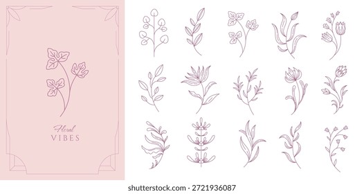 Satz von einfachen geometrischen Zweig und Blumen. Botanische Design-Elemente im Wellen- und Vintage-Stil. Blätter und Filialen für Logo, Social Media oder Verpackung und Grußkarte