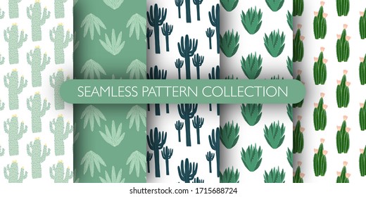 Set of simple geometric cactus seamless pattern. Collection cacti exotic sketch wallpaper. Design for fabric, textile print, wrapping paper, fashion, interior, cover. Creative vector illustration.