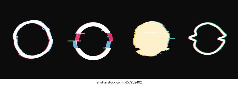 Set of simple geometric circle form, frames or border in distorted glitch style. Modern trendy background shapes for design banner, poster, cover, flyer, brochure, card. Vector illustration.