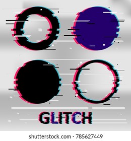 Set of simple geometric circle form, frames or border in distorted glitch style. Modern trendy background shapes for design banner, poster, cover, flyer, brochure, card. Vector illustration