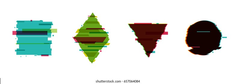 Set of simple geometric form, frames or border in distorted glitch style. Modern trendy background shapes for design banner, poster, cover, flyer, brochure, card. Vector illustration.