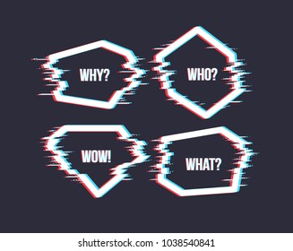 Set of simple geometric form with glitch effect. Frames or border in distorted glitch style. Modern trendy background shapes for design banner, poster, cover, flyer, brochure, card.