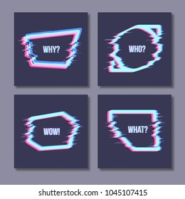 Set of simple geometric form with glitch effect, frames or border in distorted glitch style. Modern trendy background shapes for design banner, poster, cover, flyer, brochure, card.
