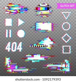 Set of simple geometric forms and digital elements in distorted glitch style on transparent background vector illustration