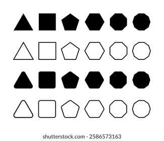 Set of simple geometric forms with sharp and rounded corners. Triangle, square or squircle, pentagon, hexagon and octagon shapes isolated on white background. Vector graphic illustration.