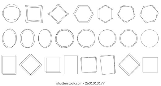 Set of simple geometric frames of different shapes. Thin line square, rectangle, circle, oval, rhombus. Monochrome basic framing shapes for design, vector elements