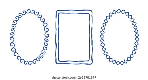 Set of simple geometric frames in a minimalist style. Collection of hand-drawn borders with wavy, double line, and rhombus lattice patterns for modern design, isolated on white background, vector 