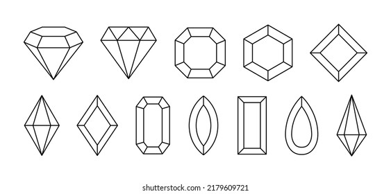 Set of simple geometric gem stones. Jewelry crystals shapes in linear style. Vector illustration.