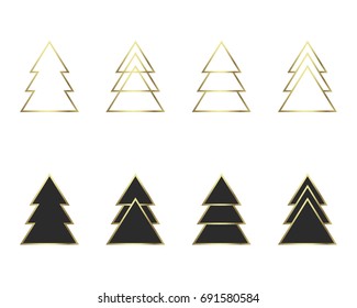 A set of simple geometric modern Christmas trees made of triangles. Contour gold. And black filled. Happy new year. Vector illustration isolated on white background.