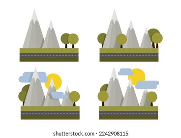 Set of simple geometric mountains, trees, clouds and sun