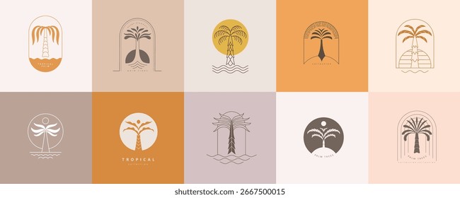 Set of simple geometric palm tree icon or logo designs. Summer tropical design elements and vacation emblems for resort, travel and beauty
