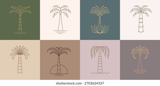 Set of simple geometric palm tree icon or logo designs. Summer tropical design elements and vacation emblems for resort, travel and beauty