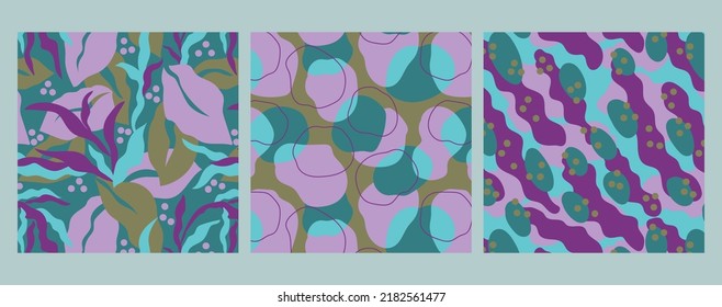Set of simple geometric seamless patterns with plants and abstract shapes. Trendy hand drawn textures. Modern abstract design for paper, fabric, interior decor and other users.