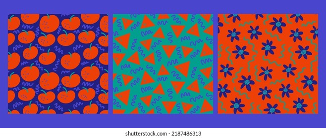 Set of simple geometric seamless patterns with fruits and leaves. Trendy hand drawn textures. Modern abstract design for paper, fabric, interior decor and other users.